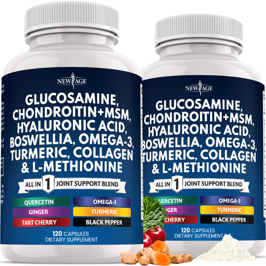 Bottle showing the all-in-one health supplement with glucosamine, chondroitin, MSM, turmeric, collagen, hyaluronic acid and omega-3, 240-count