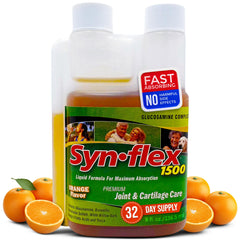 Bottle front label showing 1500mg glucosamine and 25mg chondroitin for orange flavor