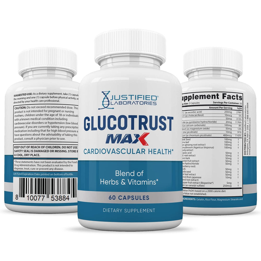 Bottle packshot of Glucotrust Max 1295MG 60 capsules