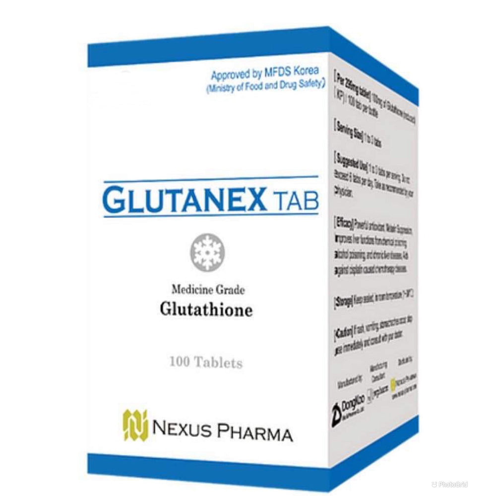 Glutanex Tab Glutathione bottle label showing Nexus Pharma branding