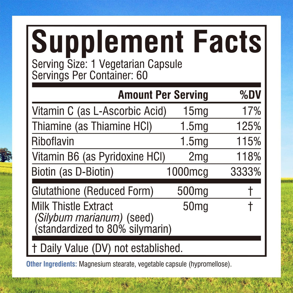 Glutathione with vitamin C, milk thistle and B vitamins ingredients