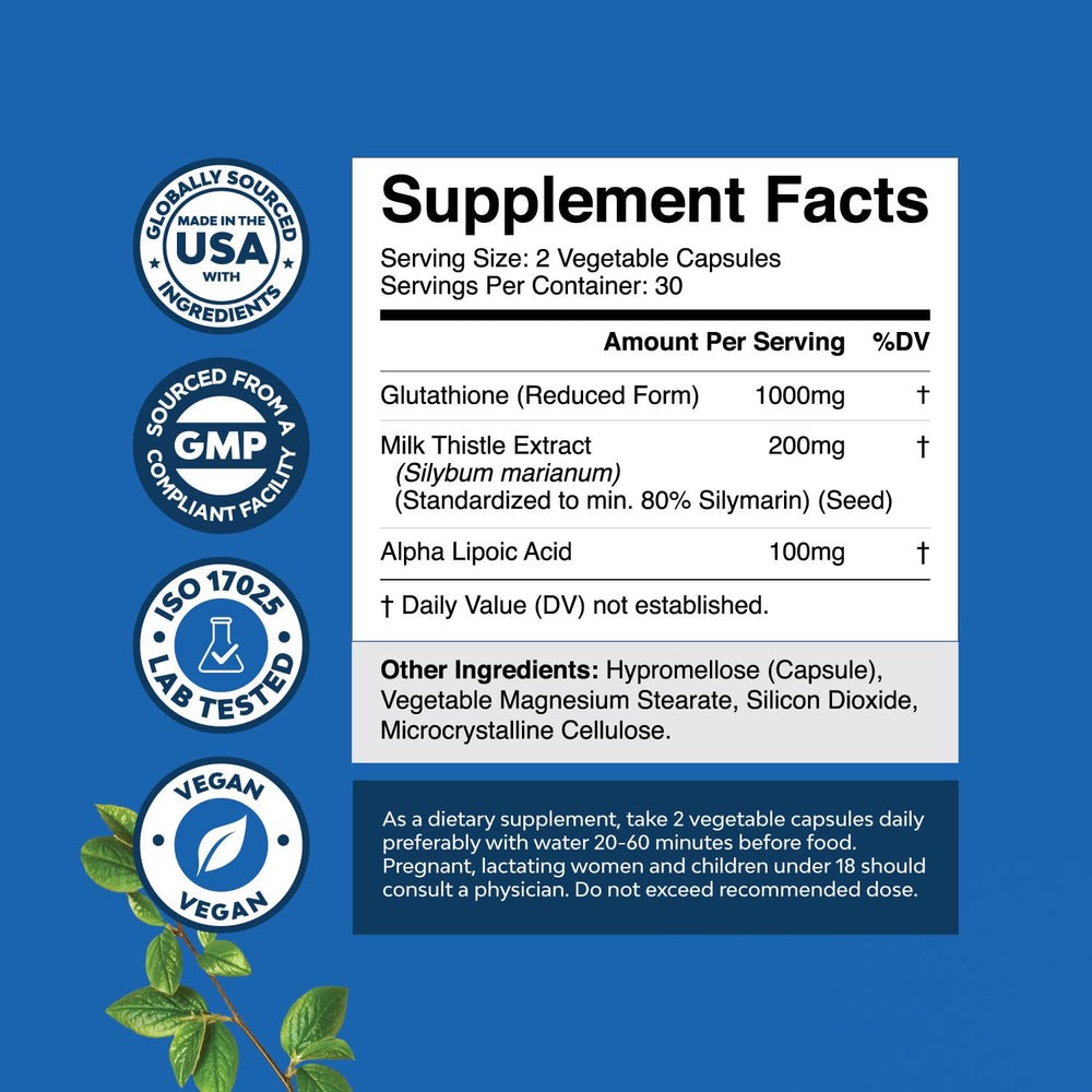 Glutathione-milk-thistle capsules close-up—1000mg per serving for antioxidant support.