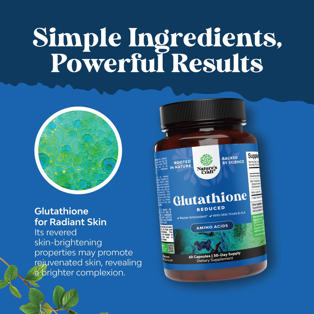 Ingredient panel shows glutathione, alpha-lipoic acid, milk thistle for antioxidant synergy.