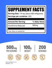 Glutathione Reduced Powder 500mg packaging with gluten-free label