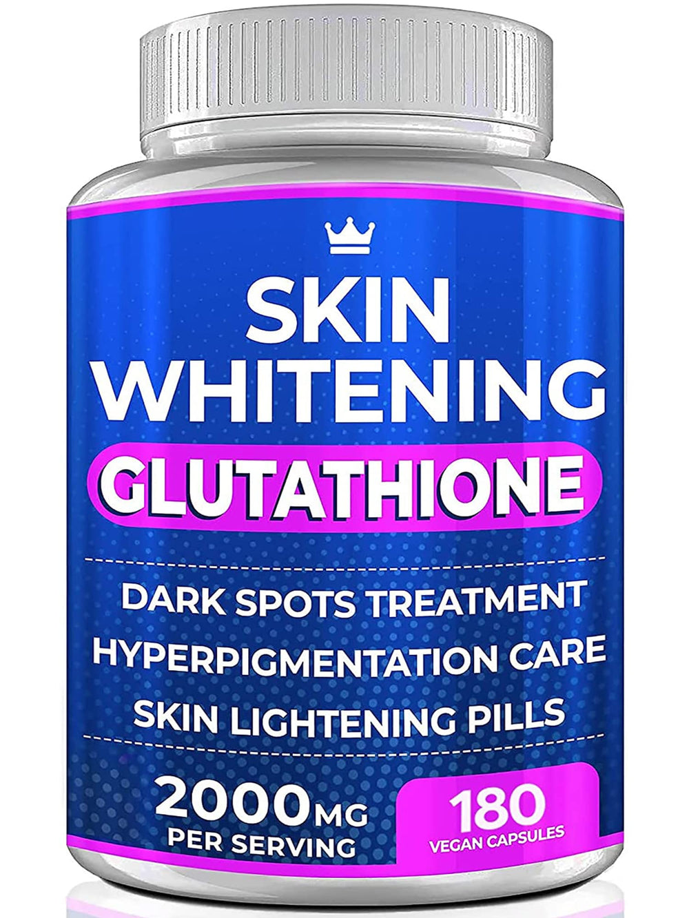 Front view of Glutathione Whitening Pills bottle with 180 capsules