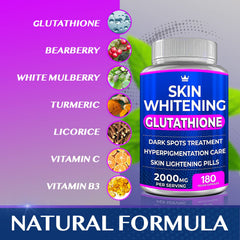 Glutathione Whitening Pills bottle with packaging and capsules