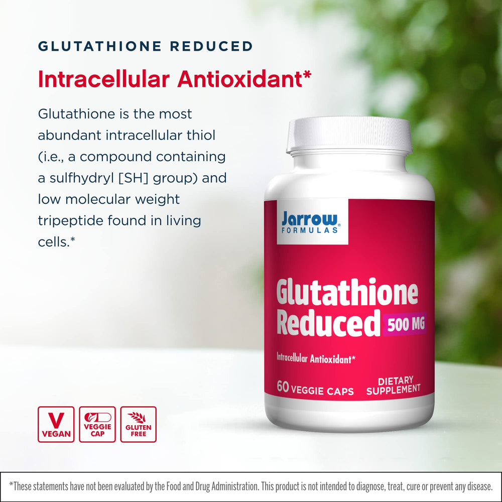 Bottle caps and label of Glutathione Reduced 500 mg 60 capsules