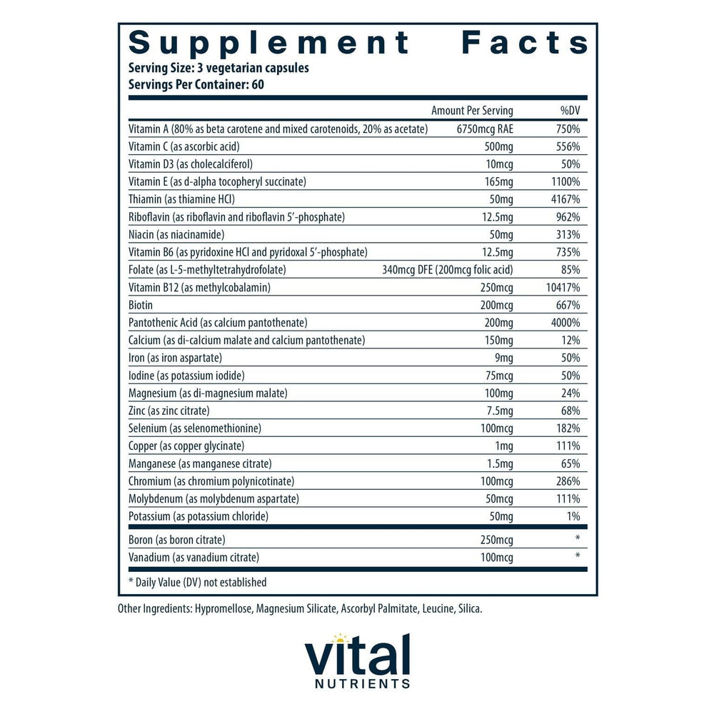 Gluten-free, dairy-free and soy-free label on Vital Nutrients bottle