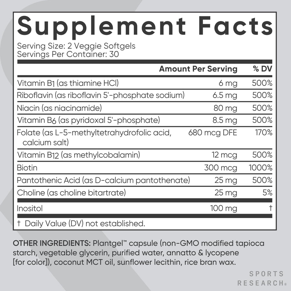 Vitamin B-Complex packaging highlighting gluten-free and soy-free formulation.
