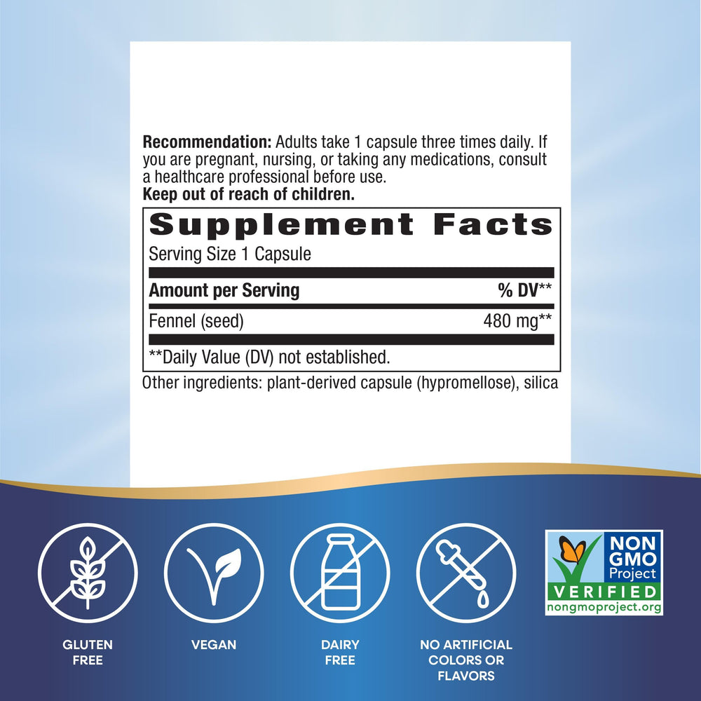 Gluten-free, vegan, and Non-GMO Project Verified labels on fennel seed packaging