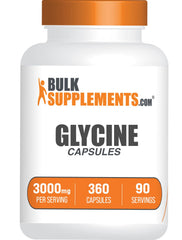 BulkSupplements Glycine Capsules bottle with 360-count pack showing 3000 mg per serving.