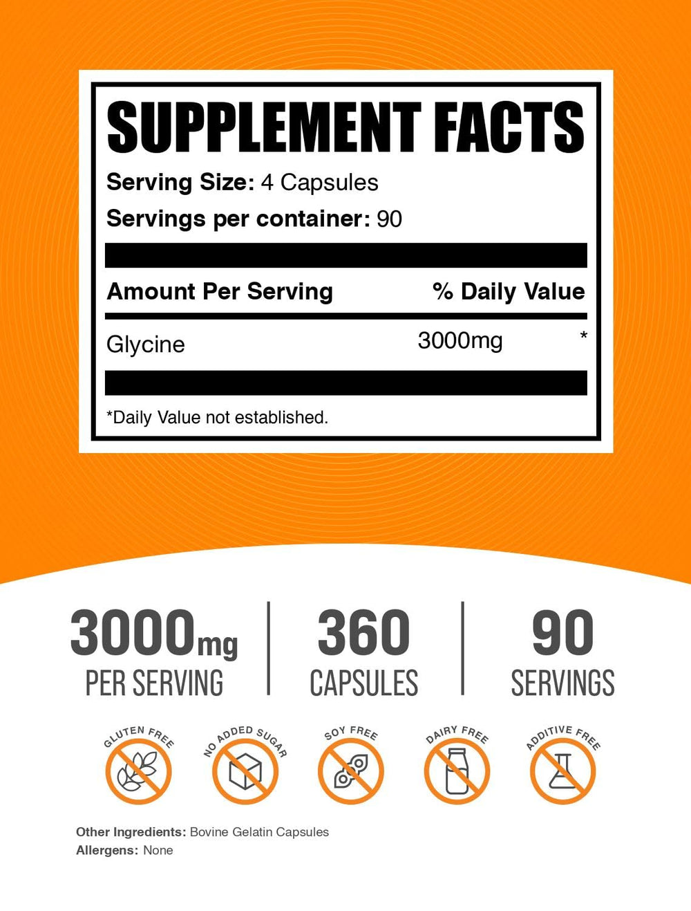Gluten-free glycine capsules label with nutrition facts.