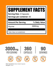 Gluten-free glycine capsules label with nutrition facts.