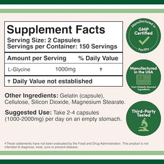Glycine product labeled gluten-free and non-GMO, manufactured in the USA