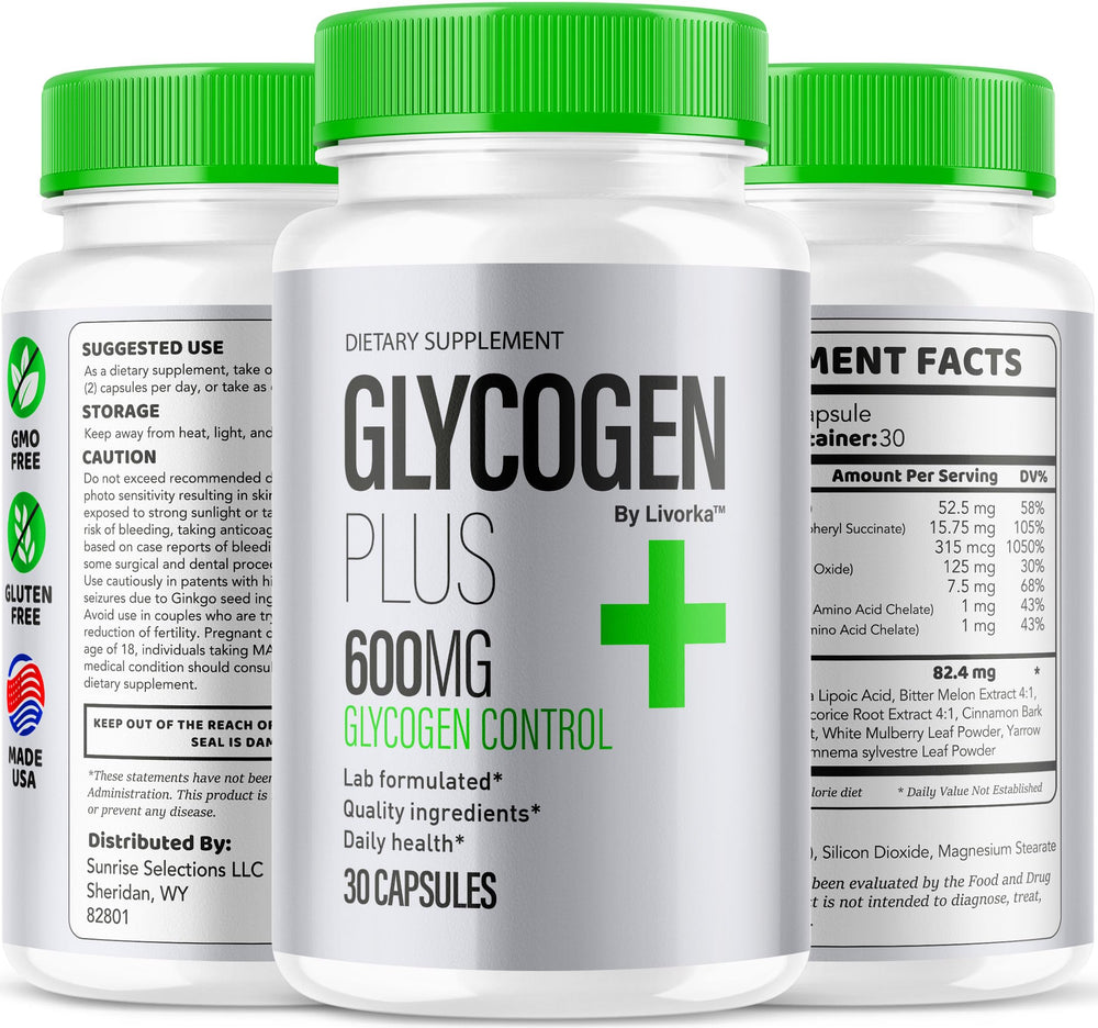 Front view of Glycogen Plus bottle with label