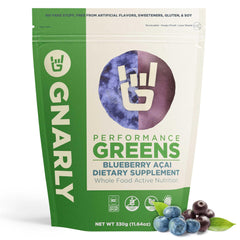 Front label of Gnarly Nutrition Greens Superfood Powder Blueberry Acai flavor