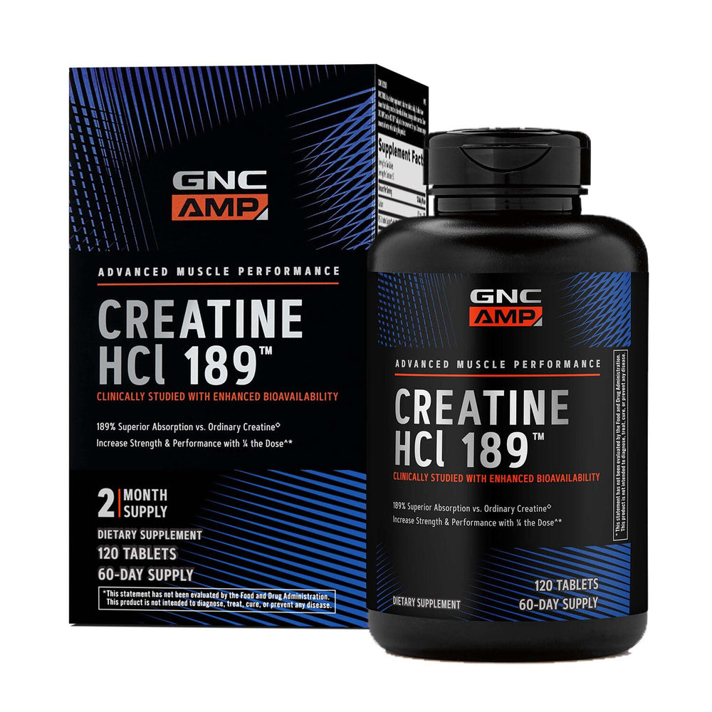 GNC AMP Creatine HCl 189 bottle front showing fast absorption and clean formula