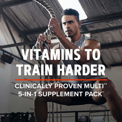 Packaging highlight of GNC AMP Men’s Vitapak showing 5-in-1 essentials