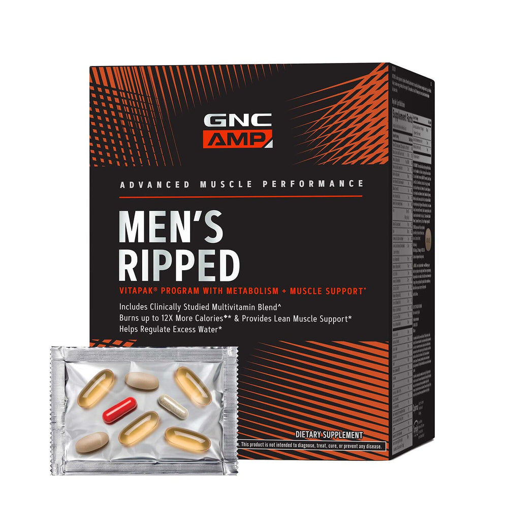 GNC AMP Men’s Ripped Vitapak bottle showing dosage and key benefits.
