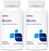 Two bottles of GNC Biotin 2500mcg supplement, 120 capsules each (pack of 2)