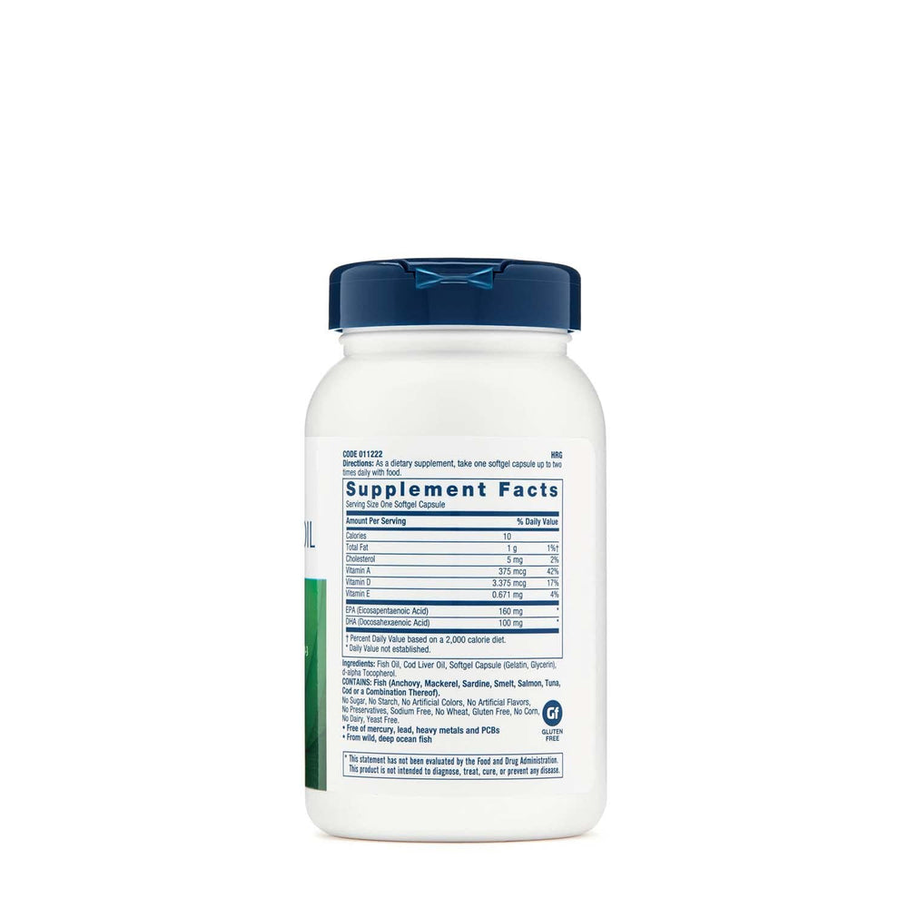 Close-up of GNC Cod Liver Oil Omega-3 bottle