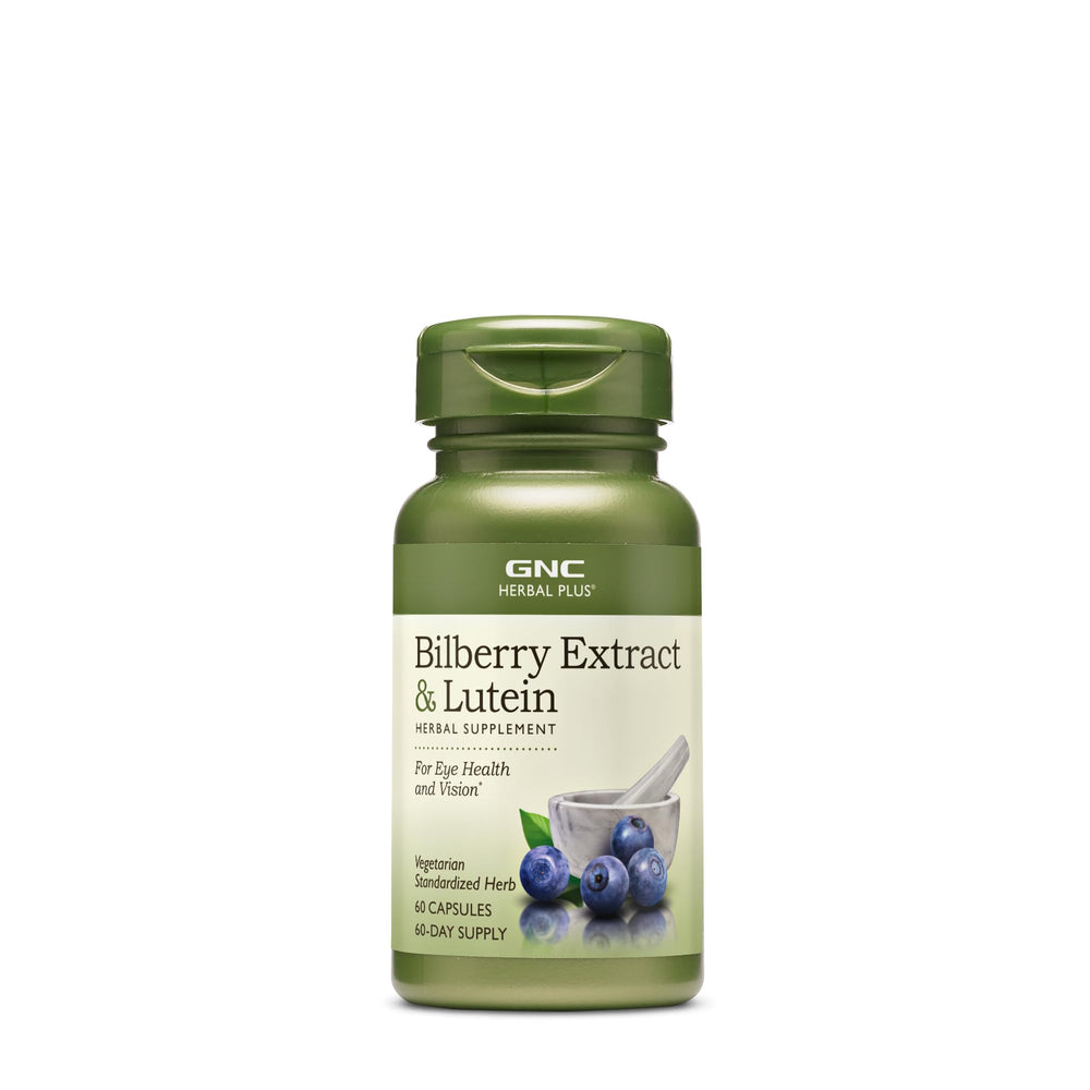 GNC Herbal Plus bilberry bottle highlighting 100 mg bilberry extract for eye support
