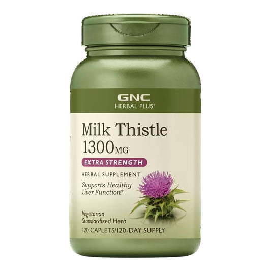 Bottle of GNC Herbal Plus Milk Thistle 1300mg supplement, extra strength, supports healthy liver function