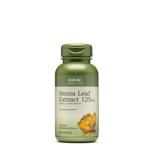 GNC Herbal Plus Senna Leaf Extract capsules in bottle for occasional gentle relief.