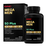 Front view of GNC Mega Men 50 Plus Multivitamin Caplets bottle