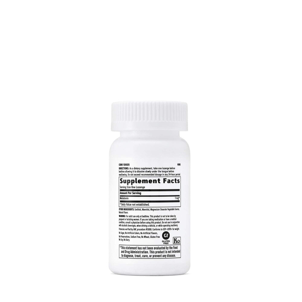 GNC Melatonin 1mg Cherry Lozenges label close-up showing 1 mg per lozenge