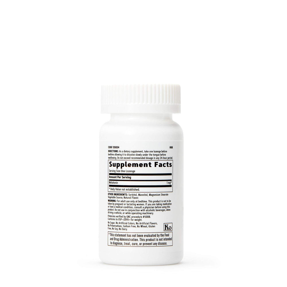 Close-up of GNC Melatonin Cherry lozenges packaging