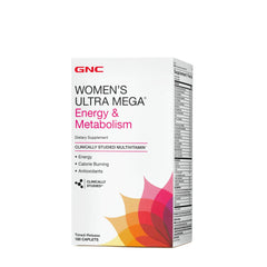 GNC Womens Ultra Mega Energy bottle visual emphasizes daily vitality and metabolism support.