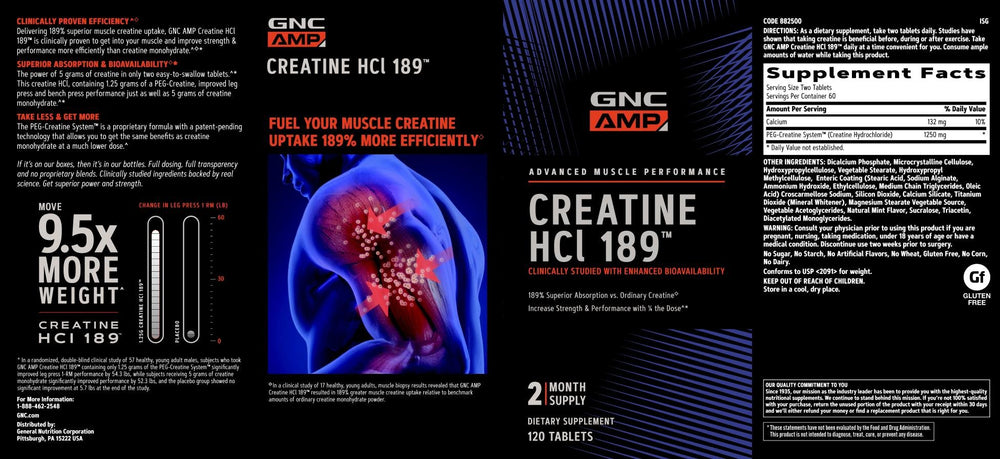GNC AMP Creatine HCl 189 bottle label and branding