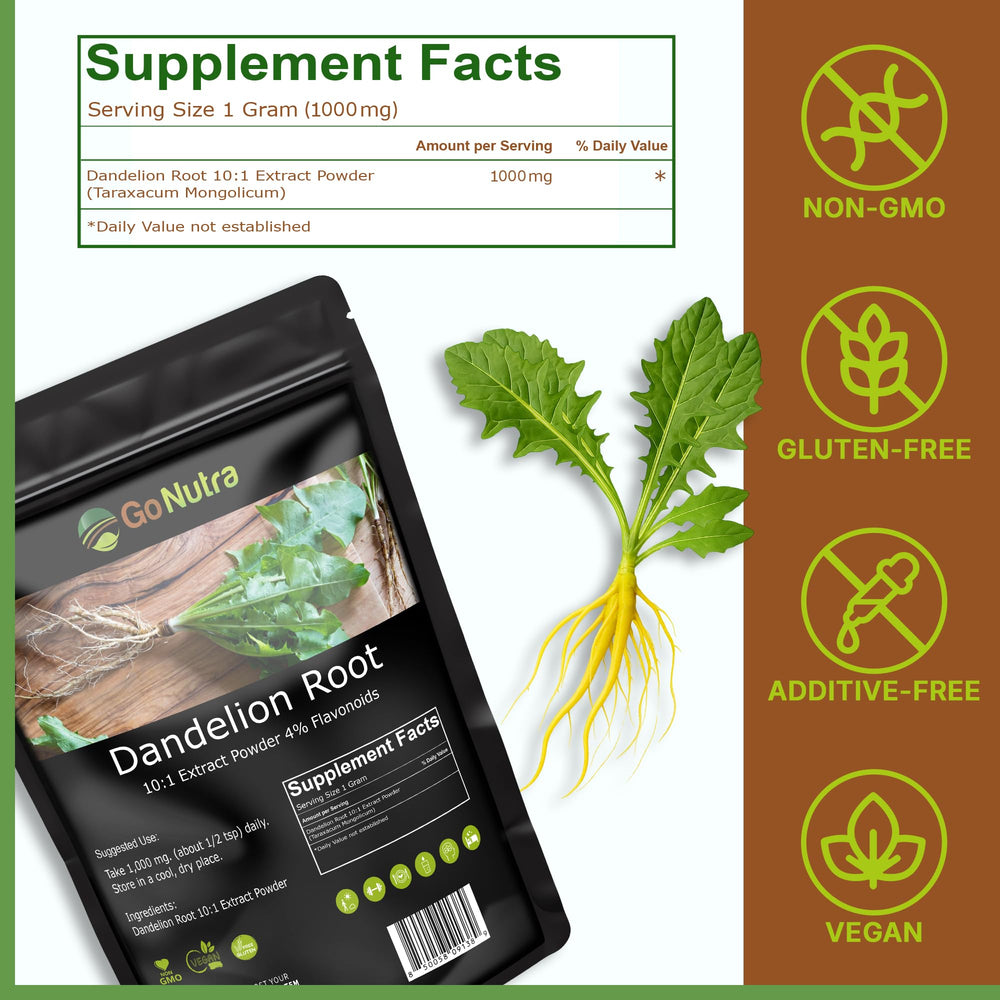 Non-GMO, vegan, gluten-free dandelion root powder label
