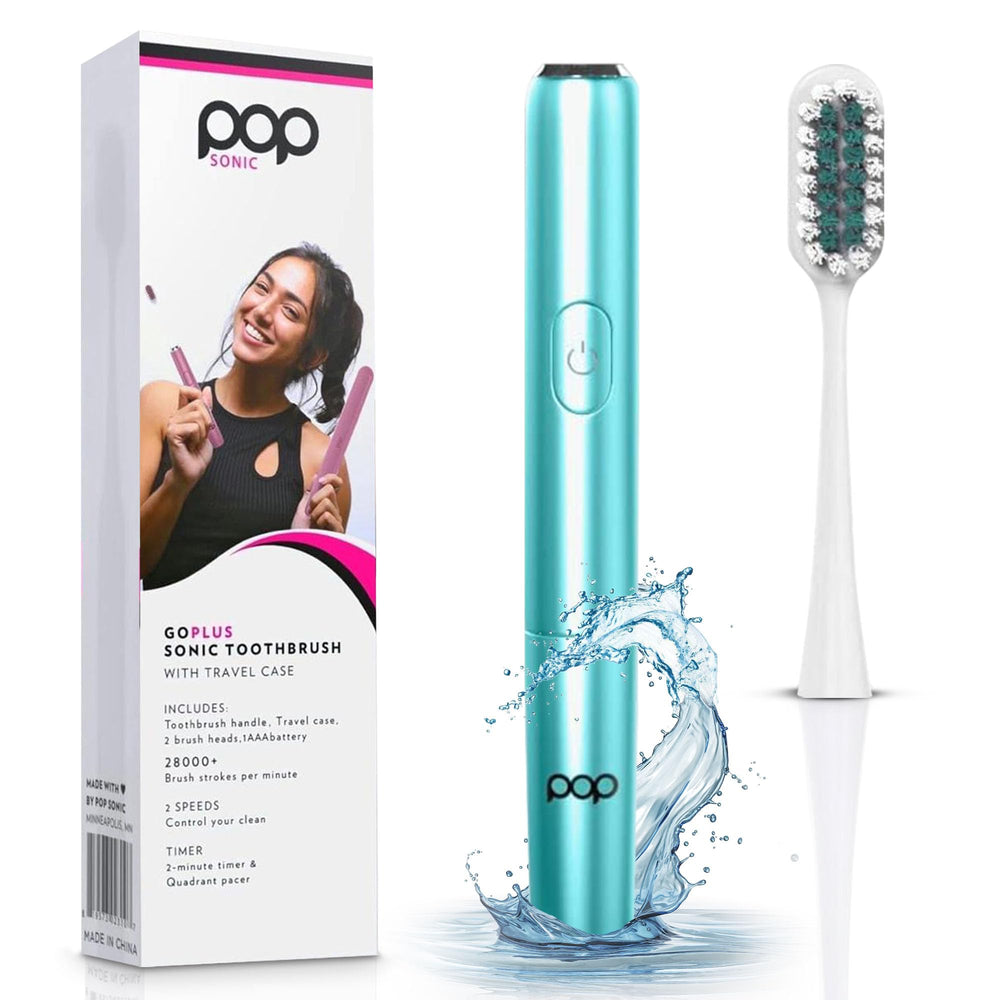 Kit contents: toothbrush handle, 2 brush heads, case, AAA battery, and instruction manual