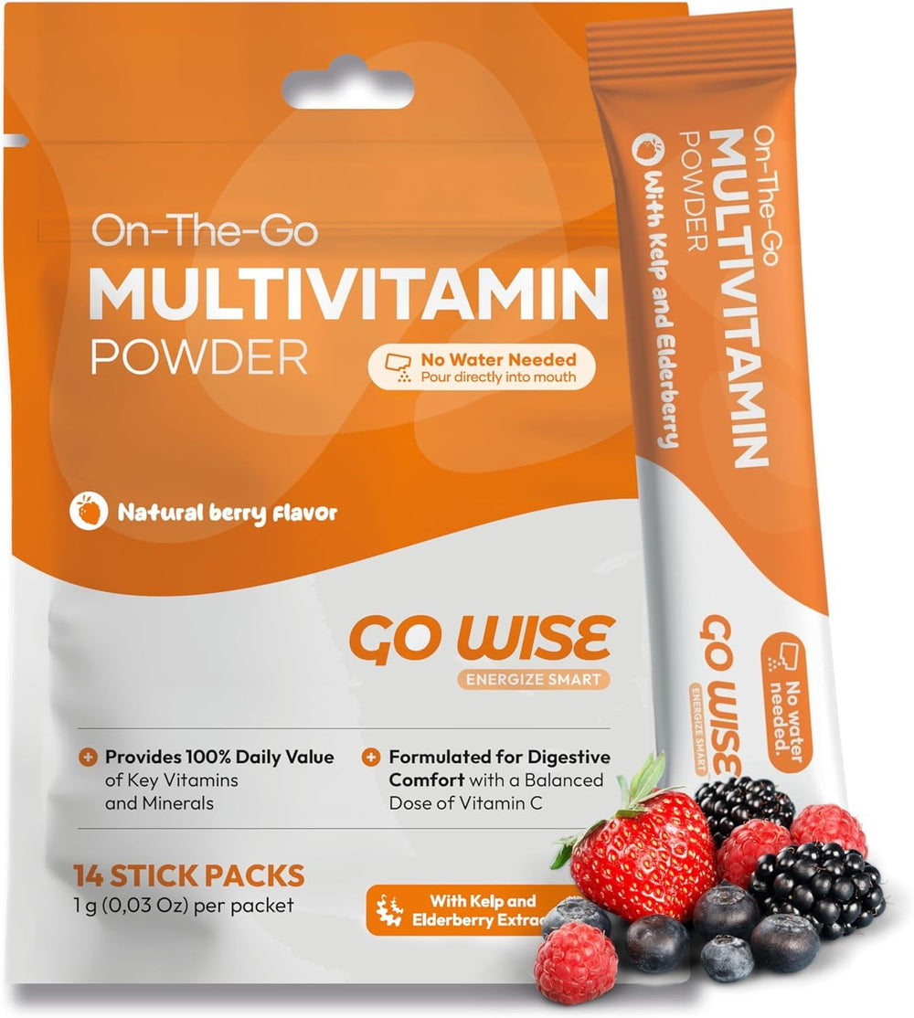 Front view of Go Wise On The Go Multivitamin Powder berry stick