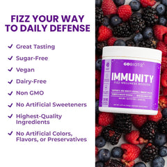 Non-GMO vegan immune support powder in glass with spoon