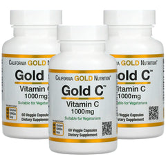 Gold C Vitamin C 1000 mg 60 veggie capsules, 3-pack bottles on white background