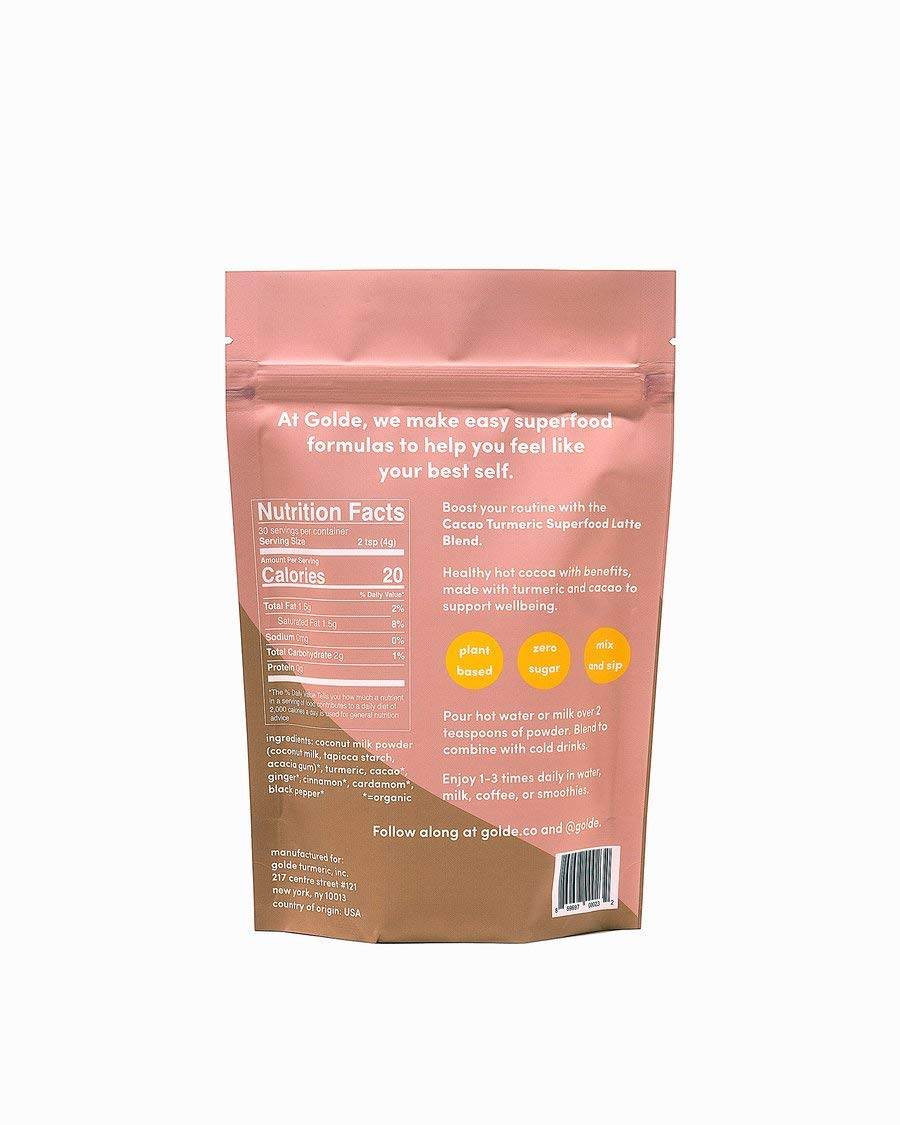 Close-up of the product label highlighting turmeric and cacao