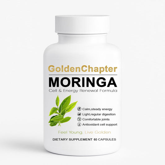 Golden Chapter Moringa Capsules bottle on white background
