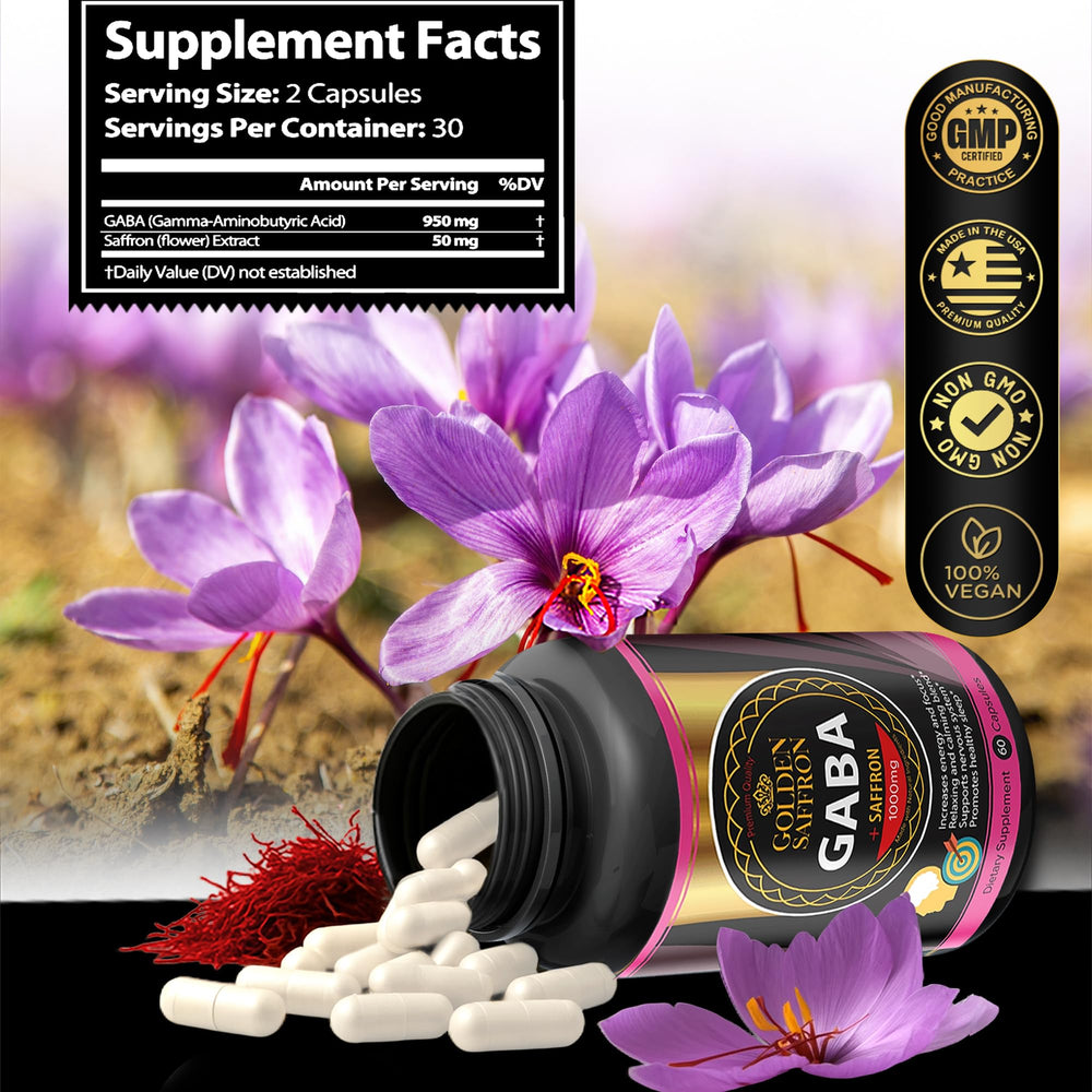 Close-up of Golden Saffron GABA capsules