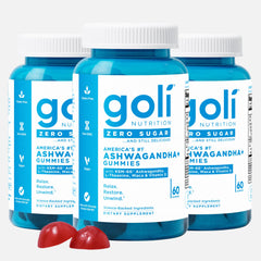 Bottle of Goli Zero Sugar Ashwagandha Gummies with mixed berry flavor