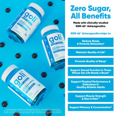 Goli Ashwagandha Gummies KSM-66 bottle close-up highlights adaptogenic formula.