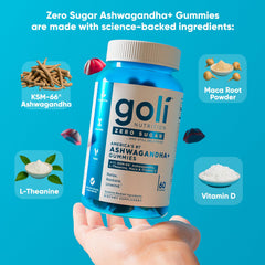 Goli Ashwagandha Gummies vegan gelatin-free packaging emphasizes clean ingredients.