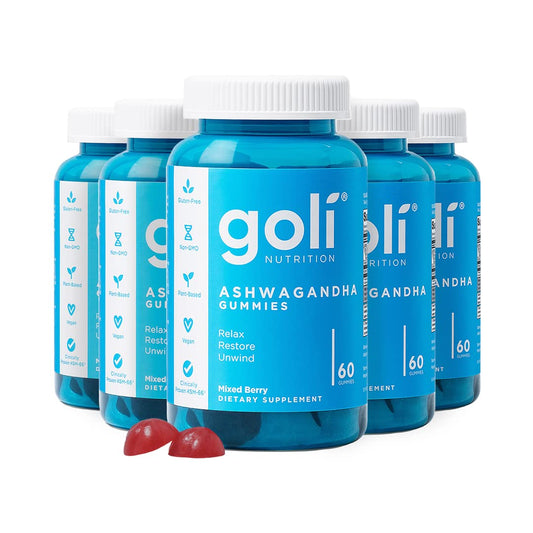 Goli Ashwagandha & Vitamin D Gummies bottle with mixed berry label