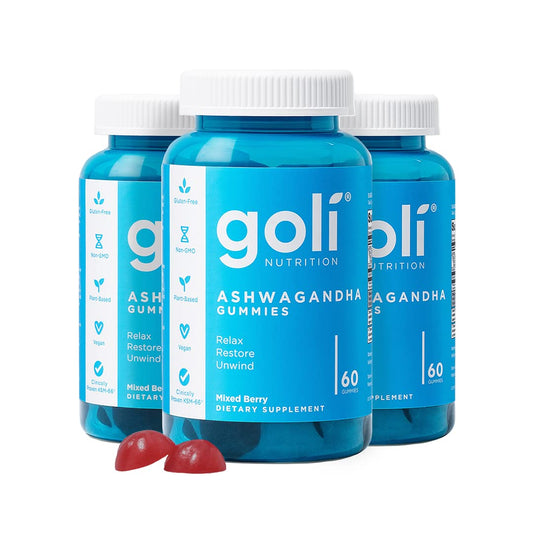 Front view of Goli Ashwagandha + Vitamin D Gummies in mixed berry flavor, 180-count pack (Pack of 3)