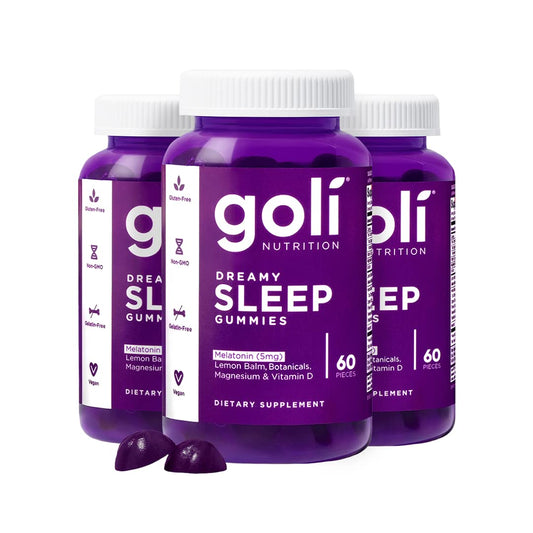 Front view of Goli Dreamy Sleep Gummies bottle (180 count)
