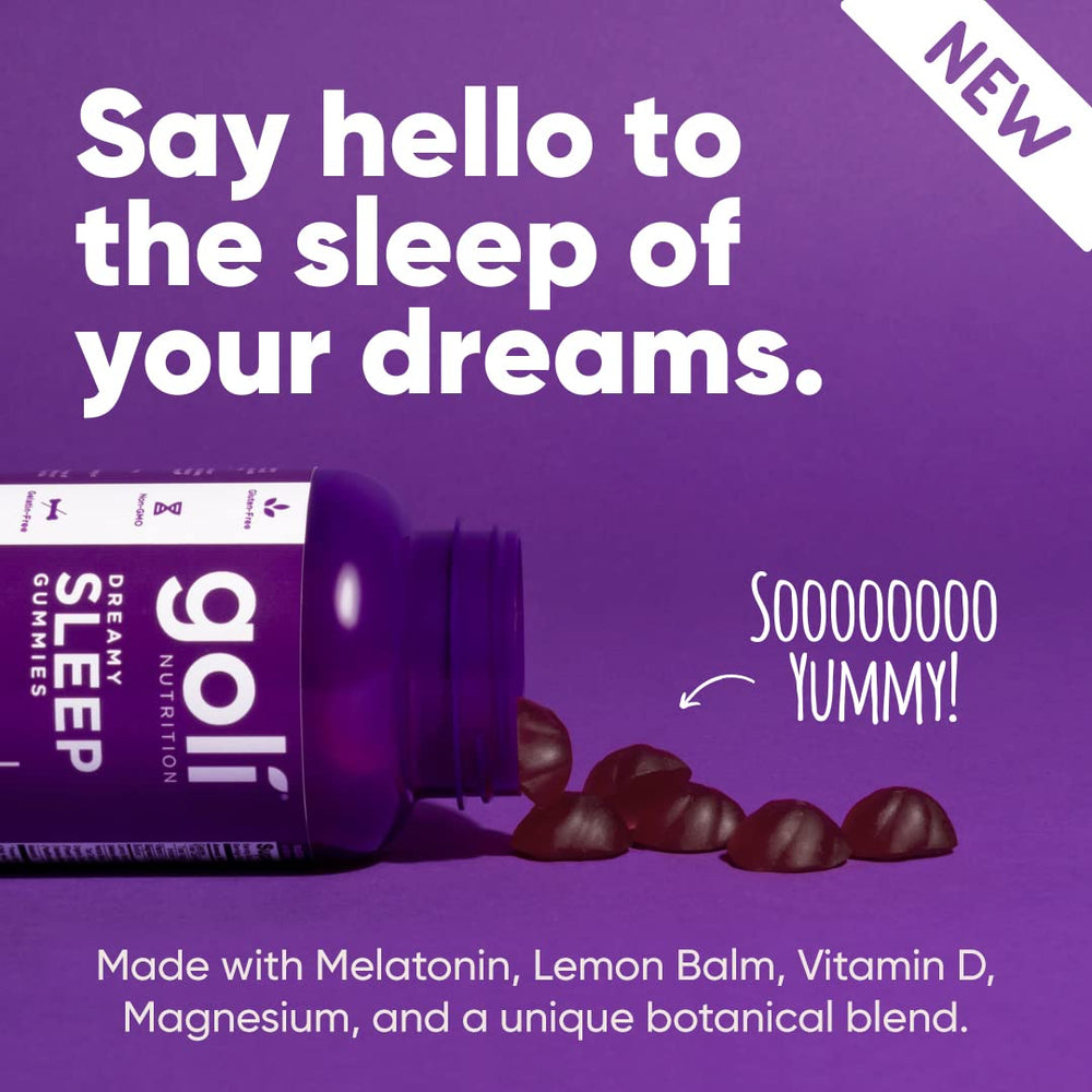 Goli Dreamy Sleep packaging display; gluten-free and Non-GMO promise.