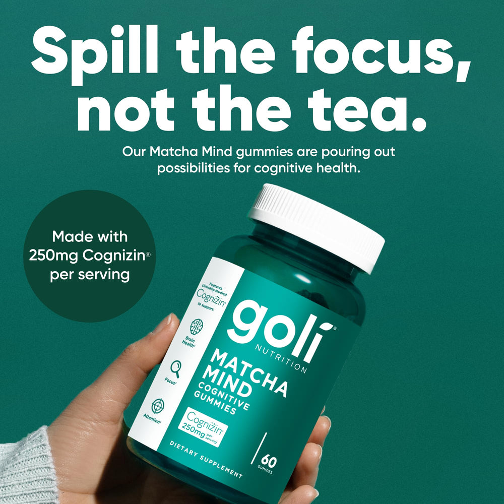 Goli Matcha Mind Gummies bottle open pour illustrates easy serving.