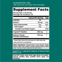 Goli Matcha Mind Gummies label closeup emphasizes Cognizin ingredient.